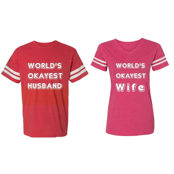 World Okyest Husband Wife Matching Couple Cotton Jerseys (Men Red / Women Pink) (Men L / Women S)