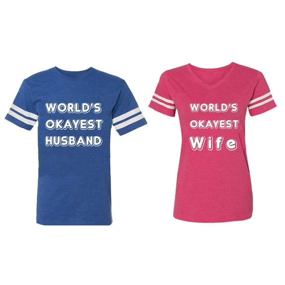 World Okyest Husband Wife Matching Couple Cotton Jerseys (Men Royal / Women Pink) (Men XXL / Women XL)