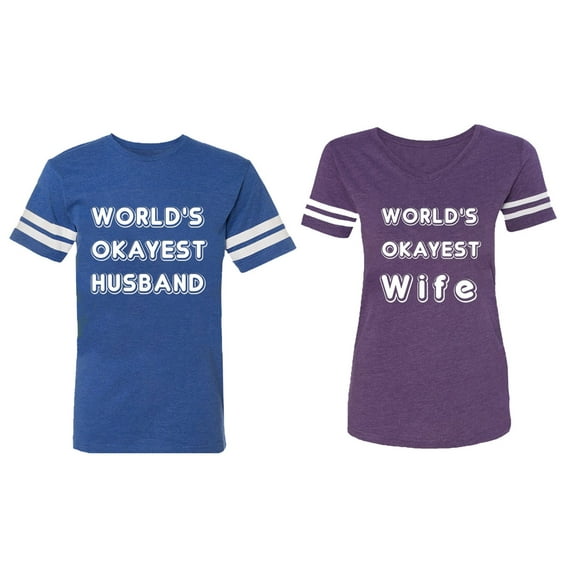 World Okyest Husband Wife Matching Couple Cotton Jerseys (Men Royal / Women Purple) (Men S / Women XL)