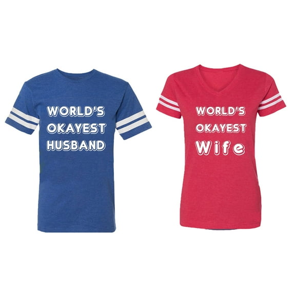 World Okyest Husband Wife Matching Couple Cotton Jerseys (Men Royal / Women Red) (Men XL / Women M)