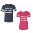 thumbnail image 1 of World Okyest Husband Wife Unisex Couple Matching Cotton Jersey style T-Shirt Contrasting stripes on sleeves (Men Navy / Women Pink) (Men M / Women M), 1 of 3