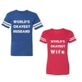 thumbnail image 1 of World Okyest Husband Wife Unisex Couple Matching Cotton Jersey style T-Shirt Contrasting stripes on sleeves (Men Royal / Women Red) (Men L / Women M), 1 of 3