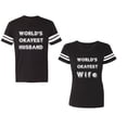 thumbnail image 1 of World Okyest Husband Wife Unisex Couple Matching Cotton Jersey style T-Shirt Contrasting stripes on sleeves (Men Black / Women Black) (Men L / Women L), 1 of 3