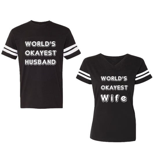 World Okyest Husband Wife Unisex Couple Matching Cotton Jersey style T-Shirt Contrasting stripes on sleeves (Men Black / Women Black) (Men L / Women L)