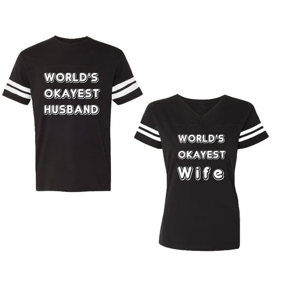 World Okyest Husband Wife Unisex Couple Matching Cotton Jersey style T-Shirt Contrasting stripes on sleeves (Men Black / Women Black) (Men S / Women S)