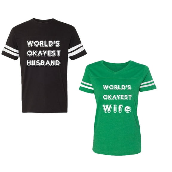 World Okyest Husband Wife Unisex Couple Matching Cotton Jersey style T-Shirt Contrasting stripes on sleeves (Men Black / Women Green) (Men XXL / Women XXL)