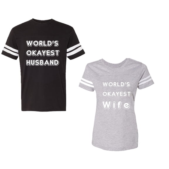 World Okyest Husband Wife Unisex Couple Matching Cotton Jersey style T-Shirt Contrasting stripes on sleeves (Men Black / Women Heather) (Men XXL / Women XL)