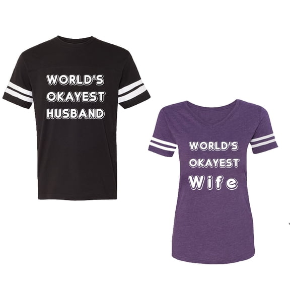 World Okyest Husband Wife Unisex Couple Matching Cotton Jersey style T-Shirt Contrasting stripes on sleeves (Men Black / Women Purple) (Men XL / Women M)