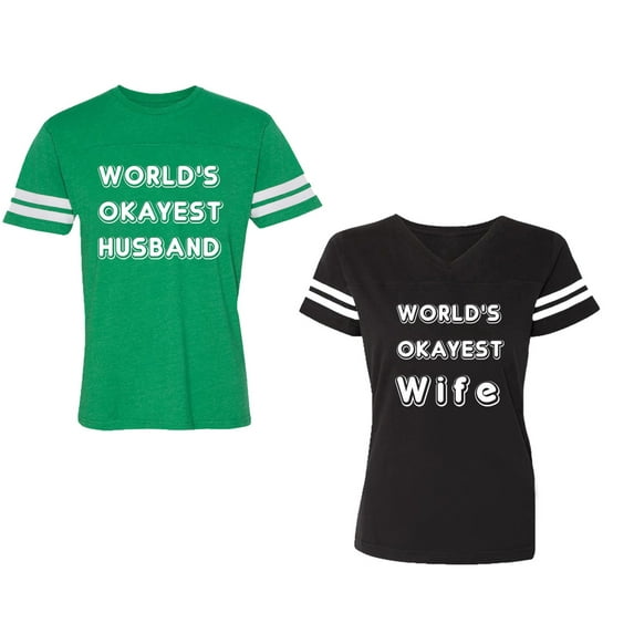 World Okyest Husband Wife Unisex Couple Matching Cotton Jersey style T-Shirt Contrasting stripes on sleeves (Men Green / Women Black) (Men S / Women S)