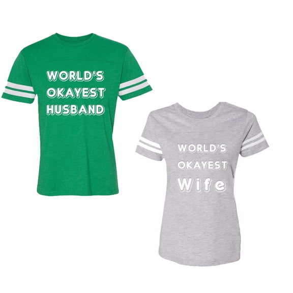 World Okyest Husband Wife Unisex Couple Matching Cotton Jersey style T-Shirt Contrasting stripes on sleeves (Men Green / Women Heather) (Men XXXL / Women XXL)