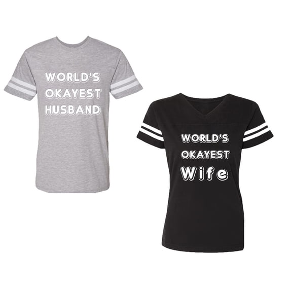 World Okyest Husband Wife Unisex Couple Matching Cotton Jersey style T-Shirt Contrasting stripes on sleeves (Men Heather / Women Black) (Men XXXL / Women XXL)