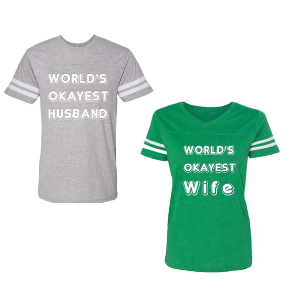 World Okyest Husband Wife Unisex Couple Matching Cotton Jersey style T-Shirt Contrasting stripes on sleeves (Men Heather / Women Green) (Men XL / Women XL)