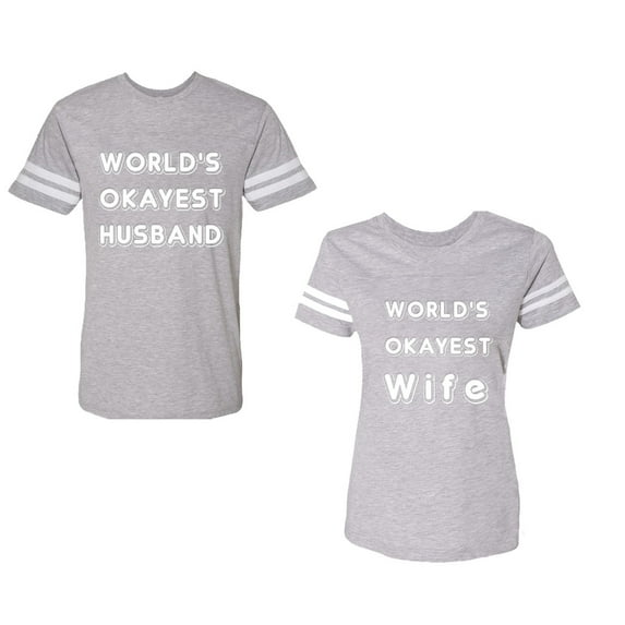 World Okyest Husband Wife Unisex Couple Matching Cotton Jersey style T-Shirt Contrasting stripes on sleeves (Men Heather / Women Heather) (Men S / Women M)