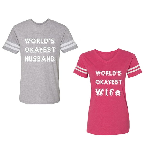 World Okyest Husband Wife Unisex Couple Matching Cotton Jersey style T-Shirt Contrasting stripes on sleeves (Men Heather / Women Pink) (Men L / Women L)