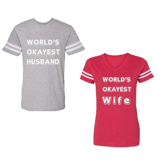 World Okyest Husband Wife Unisex Couple Matching Cotton Jersey style T-Shirt Contrasting stripes on sleeves (Men Heather / Women Red) (Men XXL / Women S)