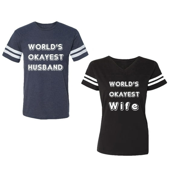 World Okyest Husband Wife Unisex Couple Matching Cotton Jersey style T-Shirt Contrasting stripes on sleeves (Men Navy / Women Black) (Men S / Women S)