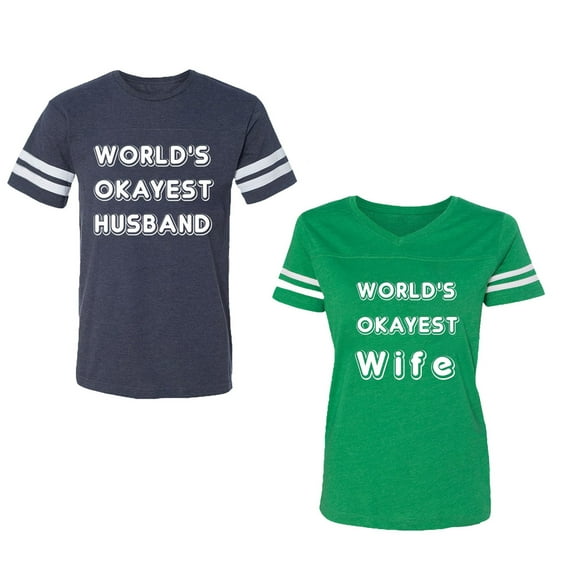 World Okyest Husband Wife Unisex Couple Matching Cotton Jersey style T-Shirt Contrasting stripes on sleeves (Men Navy / Women Green) (Men L / Women L)