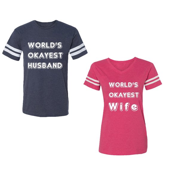 World Okyest Husband Wife Unisex Couple Matching Cotton Jersey style T-Shirt Contrasting stripes on sleeves (Men Navy / Women Pink) (Men L / Women XXL)