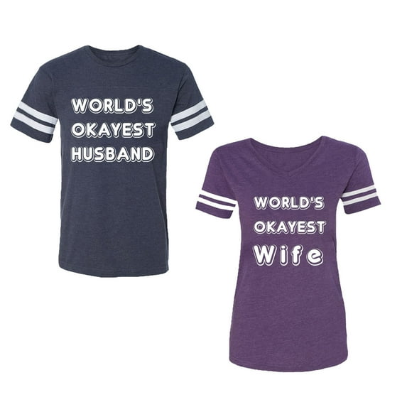 World Okyest Husband Wife Unisex Couple Matching Cotton Jersey style T-Shirt Contrasting stripes on sleeves (Men Navy / Women Purple) (Men S / Women S)