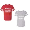 thumbnail image 1 of World Okyest Husband Wife Unisex Couple Matching Cotton Jersey style T-Shirt Contrasting stripes on sleeves (Men Red / Women Heather) (Men XXXL / Women XXL), 1 of 3