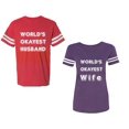 thumbnail image 1 of World Okyest Husband Wife Unisex Couple Matching Cotton Jersey style T-Shirt Contrasting stripes on sleeves (Men Red / Women Purple) (Men XL / Women L), 1 of 3