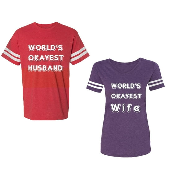 World Okyest Husband Wife Unisex Couple Matching Cotton Jersey style T-Shirt Contrasting stripes on sleeves (Men Red / Women Purple) (Men XL / Women L)