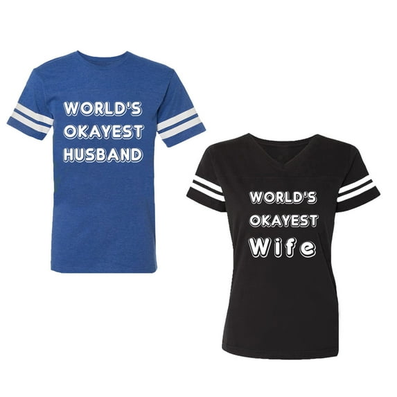 World Okyest Husband Wife Unisex Couple Matching Cotton Jersey style T-Shirt Contrasting stripes on sleeves (Men Royal / Women Black) (Men S / Women S)