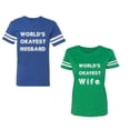 thumbnail image 1 of World Okyest Husband Wife Unisex Couple Matching Cotton Jersey style T-Shirt Contrasting stripes on sleeves (Men Royal / Women Green) (Men XXXL / Women XXL), 1 of 3