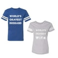 thumbnail image 1 of World Okyest Husband Wife Unisex Couple Matching Cotton Jersey style T-Shirt Contrasting stripes on sleeves (Men Royal / Women Heather) (Men M / Women S), 1 of 3