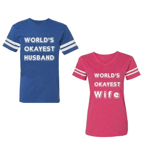 World Okyest Husband Wife Unisex Couple Matching Cotton Jersey style T-Shirt Contrasting stripes on sleeves (Men Royal / Women Pink) (Men S / Women L)