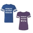 thumbnail image 1 of World Okyest Husband Wife Unisex Couple Matching Cotton Jersey style T-Shirt Contrasting stripes on sleeves (Men Royal / Women Purple) (Men M / Women S), 1 of 3