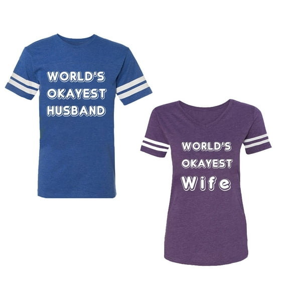 World Okyest Husband Wife Unisex Couple Matching Cotton Jersey style T-Shirt Contrasting stripes on sleeves (Men Royal / Women Purple) (Men XXL / Women M)
