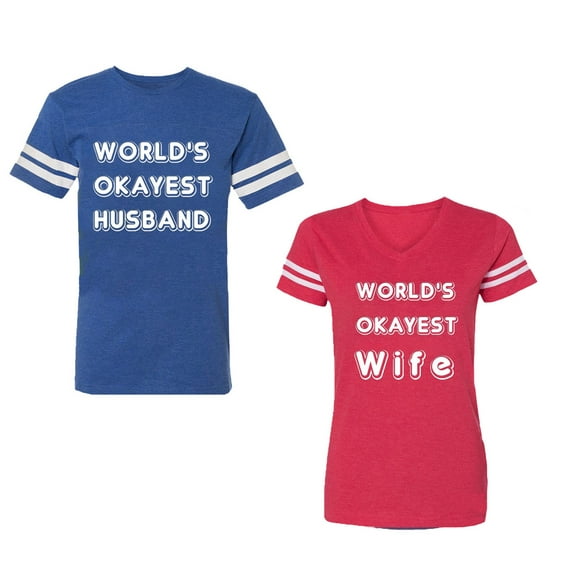 World Okyest Husband Wife Unisex Couple Matching Cotton Jersey style T-Shirt Contrasting stripes on sleeves (Men Royal / Women Red) (Men L / Women XL)