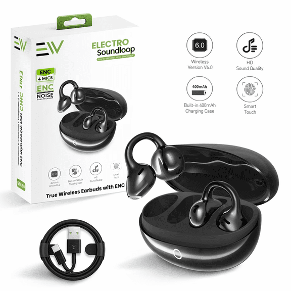 World Open Ear Bluetooth 5.4 Earbuds with Ear Hooks, Wireless Sports Headphones with ENC 4-Mic Calls, Charging Case, 22H Battery Life, IPX4 Sweat Resistant, Black