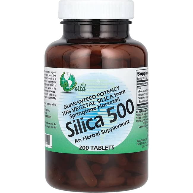 World Organic Herbal Supplement - Silica 500, 200 Tabs, 10 