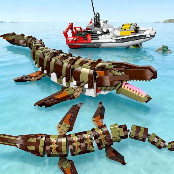 World Park Dinosaur Series Building Blocks Sea Mosasaurus Boat Attack Children Assembling Toys