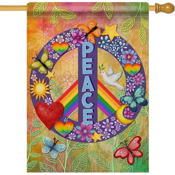 World Peace Love Decorative House Flag Double Sided, Rainbow Pride Month Burlap Yard Outside Decorations Outdoor Large Decor 28 x 40