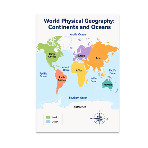 World Physical Geography Continents and Oceans - Geography Teacher - 13x19 Poster Print