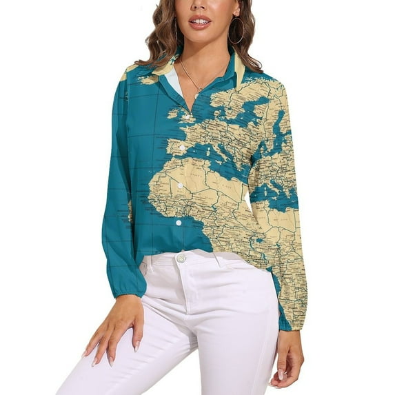 World Political Map with Countries, Cities Roads Lakes And Rivers Long Sleeve Blouse Woman Streetwear Casual Shirts Summer Oversize Woman Streetwear Clothing Birthday Present