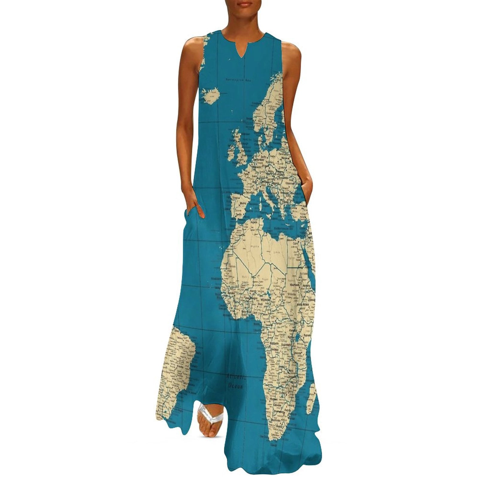 World Print Map Pattern Women Long Robe