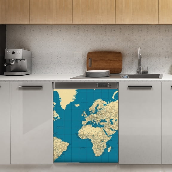 World Political Map with Countries, cities roads lakes and rivers Dishwasher Magnet Cover Decorative Sticker for Home Cabinet Kitchen 23" x26"