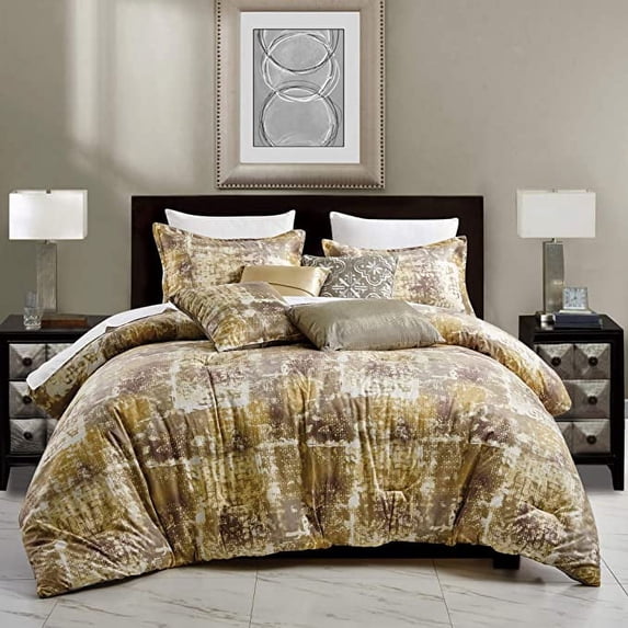 World Products Mart Luxury 7-Piece Gold Yellow Taupe Brown Comforter Bedding Sets, King