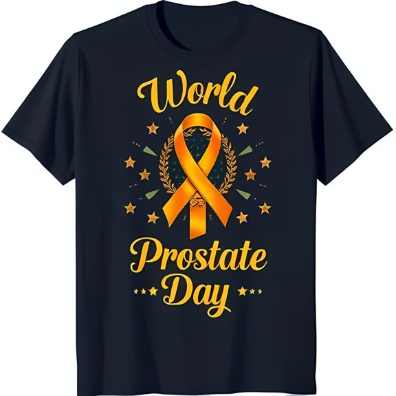 World Prostate Day Black T-Shirt with Gold Ribbon & Stars Design Awareness Tee