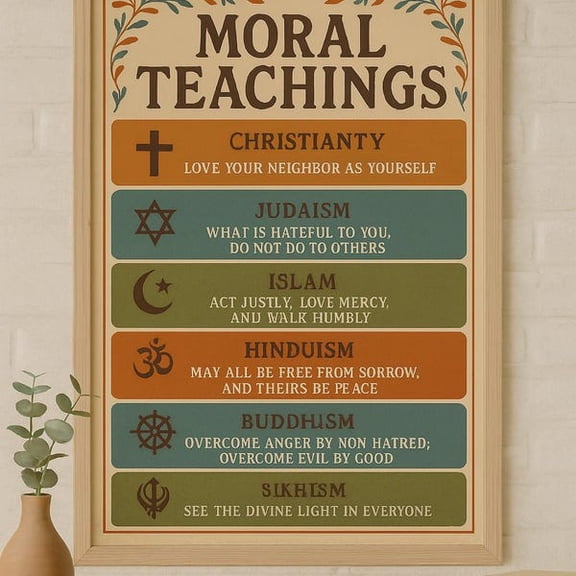 World Religions Moral Teachings Poster | 16x20 Printable | Inclusive Classroom Decor, Unframed Paper Poster 11x14in