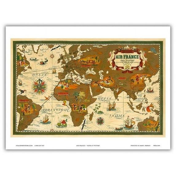 World Route Map - France - On the Old Earth New Paths - Planisphere - Vintage Airline Travel Poster by Lucien Boucher c.1939 - Master Art Print (Unframed) 9in x 12in