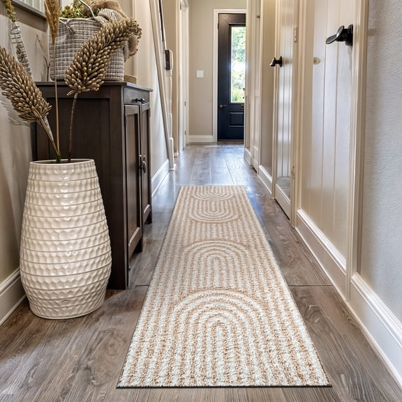 World Rug Gallery Abstract Arch Shag Rug – Soft & Stylish, Great for Living Room, Bedroom, or Entryway – Beige - BEIGE 2'3"x12'