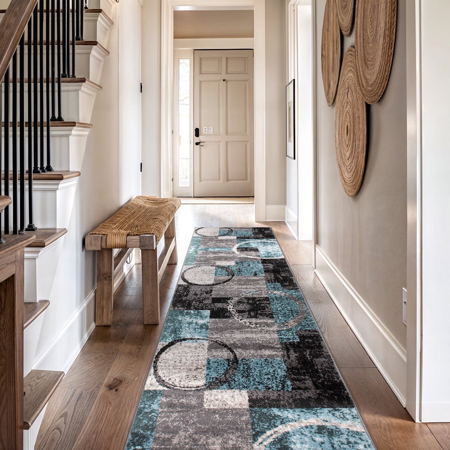 Gray and Teal Abstract Geometric Runner Rug 2'7" x 10'
