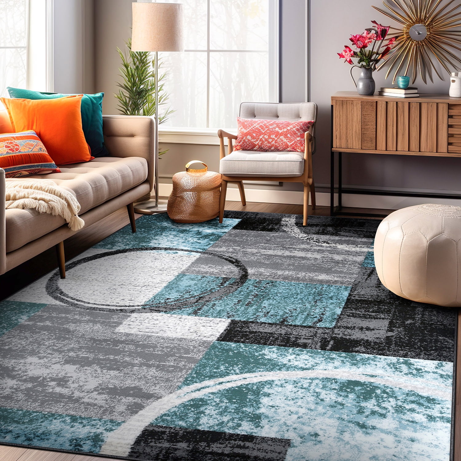 Gray and Teal Abstract Geometric Easy Care Area Rug