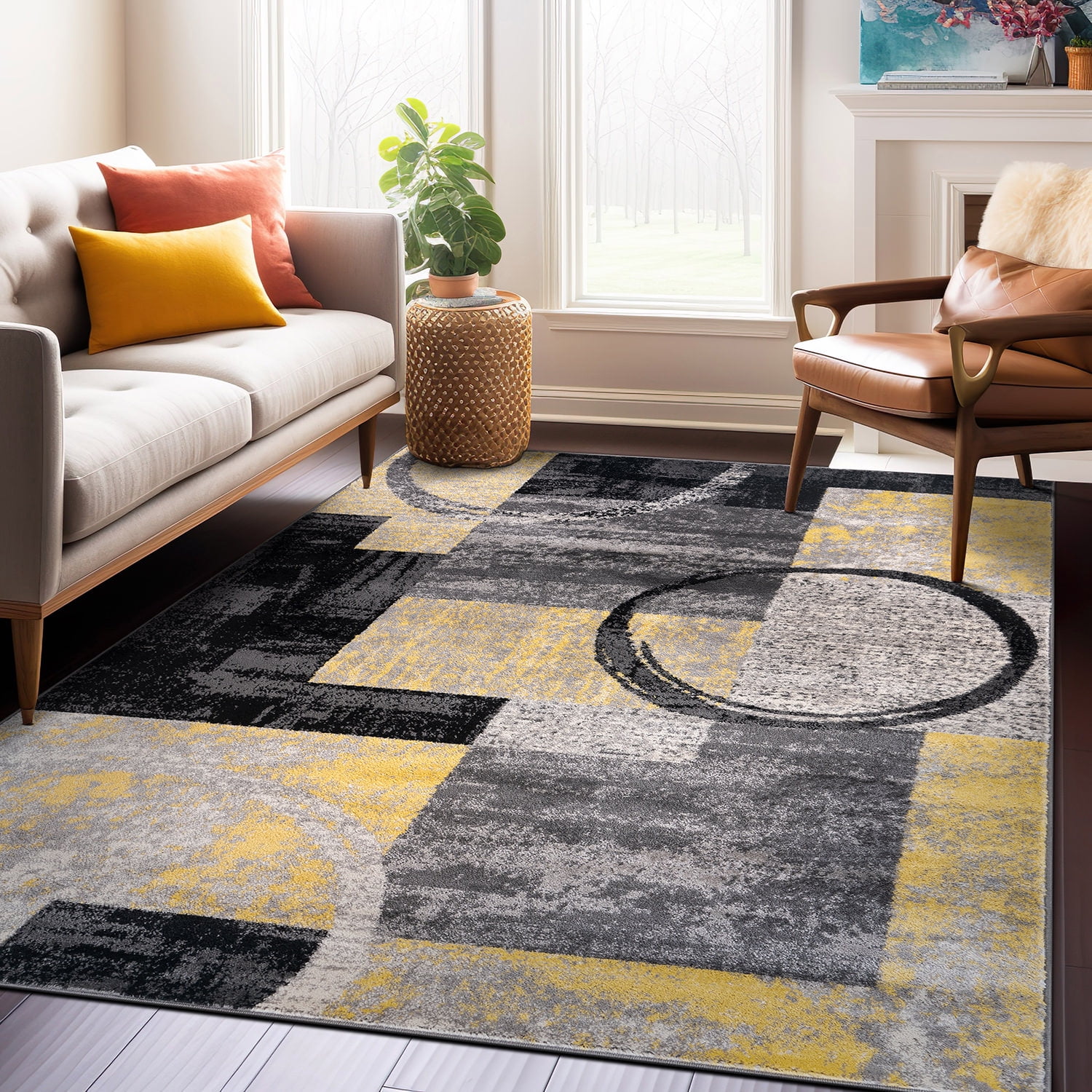 Yellow and Gray Abstract Geometric Area Rug, 7'10" x 10'2"