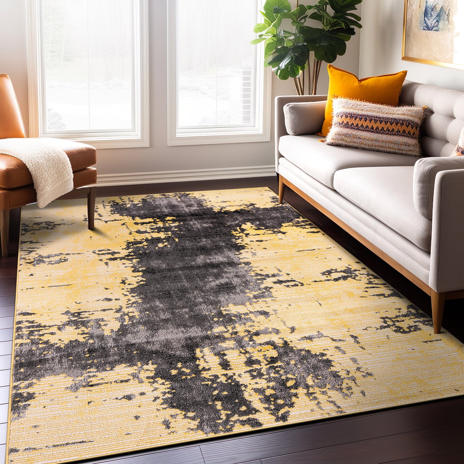 Yellow and Gray Abstract Distressed 5' x 7' Area Rug